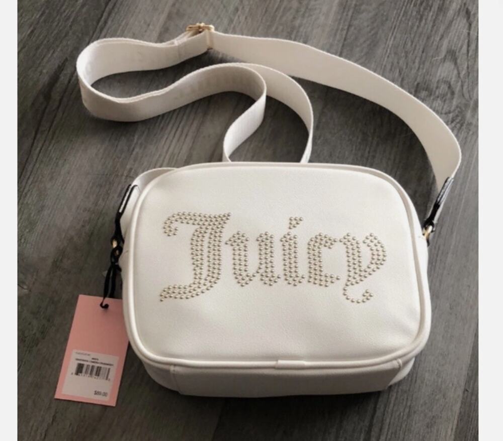NWT Juicy Couture White Faux Leather Obsession Camera Crossbody Studded Logo